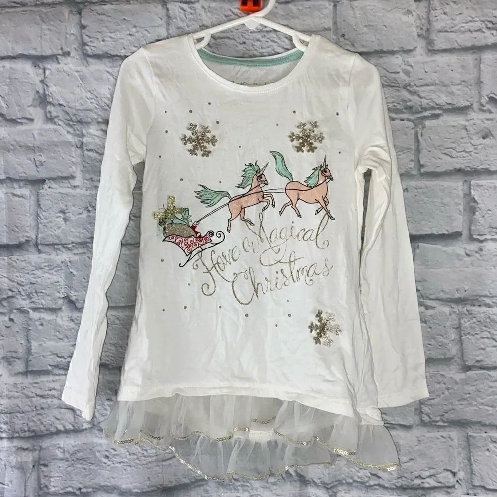 Cynthia Rowley Longsleeve glitter christmas top w/toole ruffle hem sz m 5-6